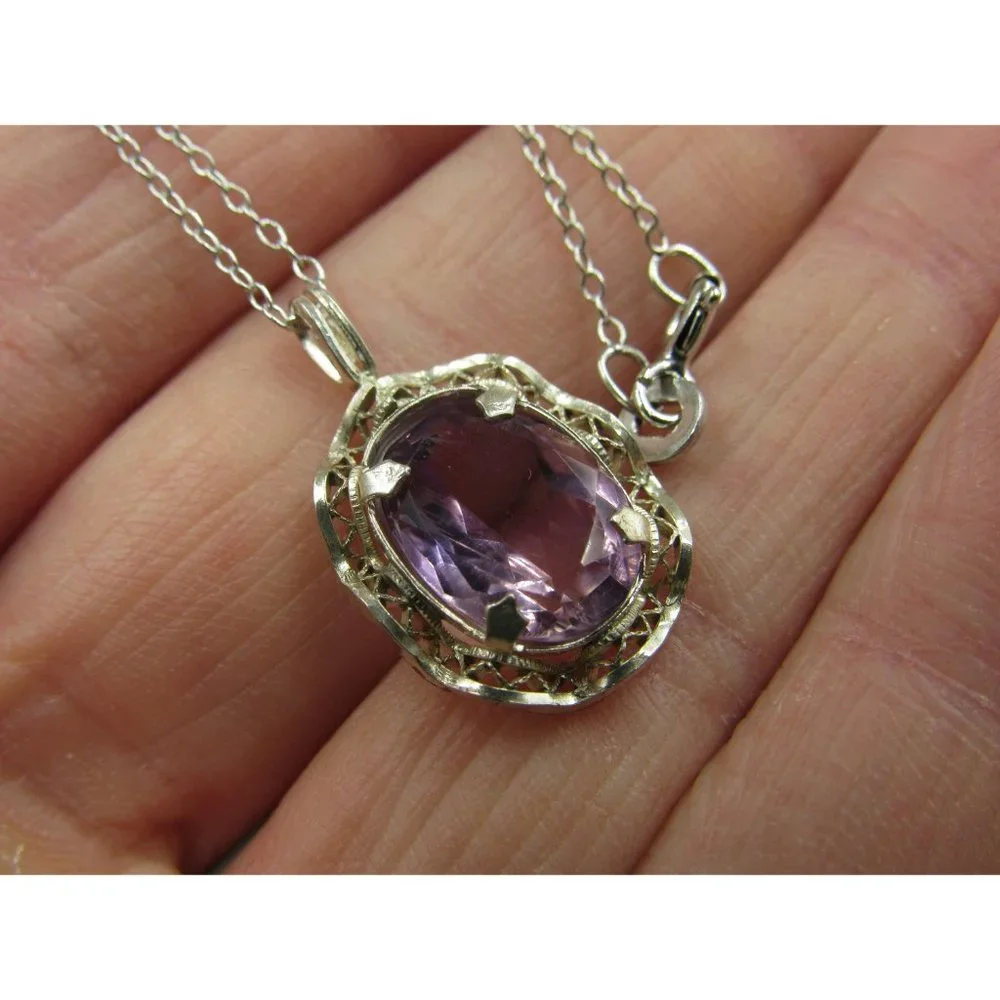 18" Sterling Silver Good Size Purple Amethyst Pendant Necklace Vintage - Picture 3 of 7
